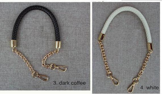 A Braided PU Leather Bag handle With GoldenSilver Chain, flexible edition, total length 60 cm, Golden Clip Hardwares, 6 Colors available - fabrics-top