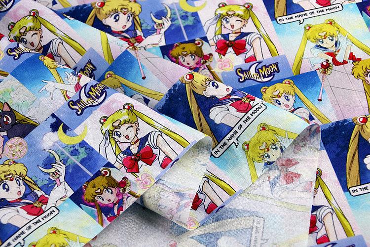 retro-anime Sailor Moon blue checks 美少女戦士セーラームーン! 1 Meter Medium Printed Cotton Fabric, Fabric by Yard, Yardage Cotton Bag Fabrics - fabrics-top