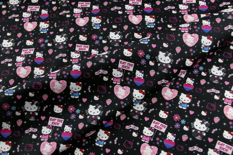 Eat the Rich  Hello Kitty ! 1 Meter Printed Cotton Fabric, Fabric by Yard, Yardage  Bag Fabrics, Children  Kids, Japanese - fabrics-top