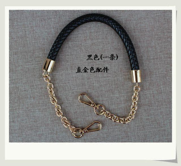 A Braided PU Leather Bag handle With GoldenSilver Chain, flexible edition, total length 60 cm, Golden Clip Hardwares, 6 Colors available - fabrics-top