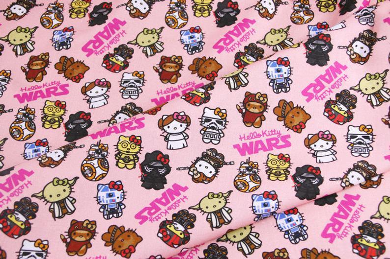 Hello Kitty x Star Wars! 1 Meter Printed Cotton Fabric, Fabric by Yard, Yardage Cotton Bag Fabrics, Children Fabrics, Kids, Japanese - fabrics-top