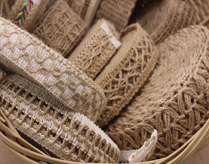 Retro 10 Yards of High Quality Narrow Flat Jute Lace Trim, Knitted Hemp Ribbon, Jute-Cotton Ribbon, Width 0.5~4cm, 23 Patterns, Lace Belt