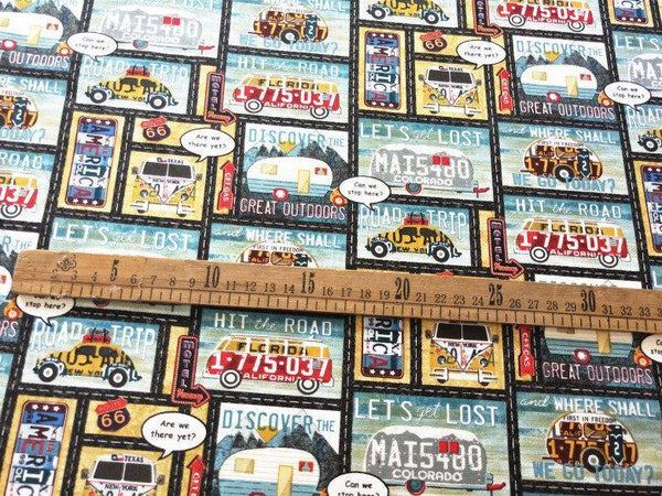 Hit the Road Cars! 1 Meter Printed Plain Cotton Fabric, Fabric by Yard, Yardage Cotton  Fabrics for Bags, Trip Travel Motors, Retro Motor - fabrics-top