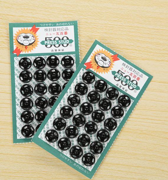 A panel 24pcs of 8mm #500 Press Stud, Black, Sewing Supplies, Brass Sew On Snap Fasteners Buttons, Japan made, Go through metal detector.