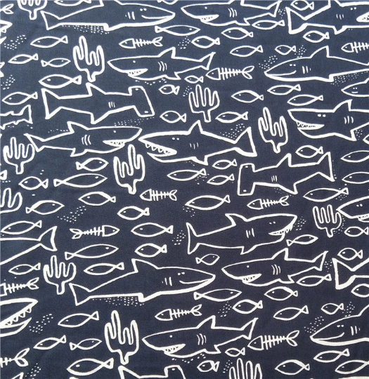 Shark Fish Bones Navy! 1 Meter Quality Printed Cotton, Fabrics by Yard, Fabric Yardage Fabrics Japanese Style