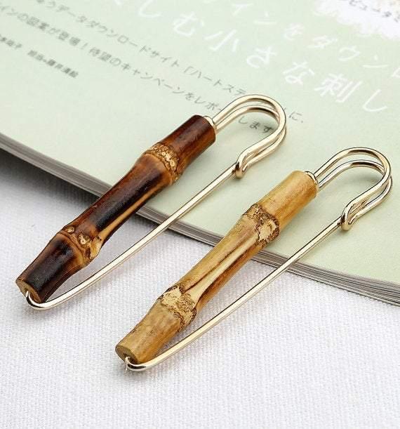 2pcs of Exquisite Handmade 24 mm Brooch Pin Back Safety Pin, With burned Bamboo, Artistic crafts and Unique design